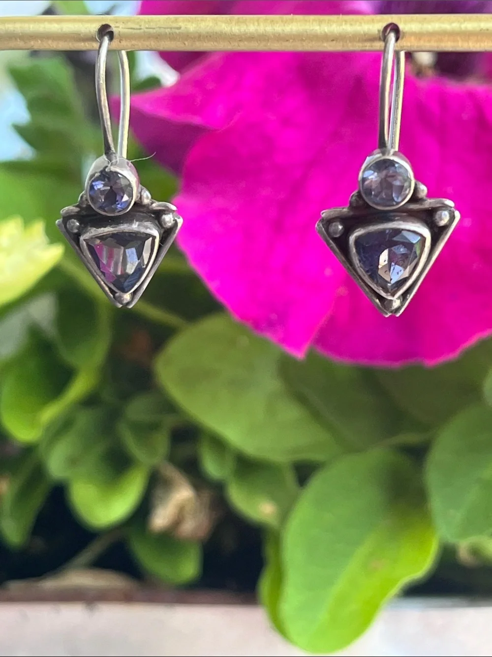 Sterling Silver Iolite & Amethyst Triangular Drop Earrings Vintage